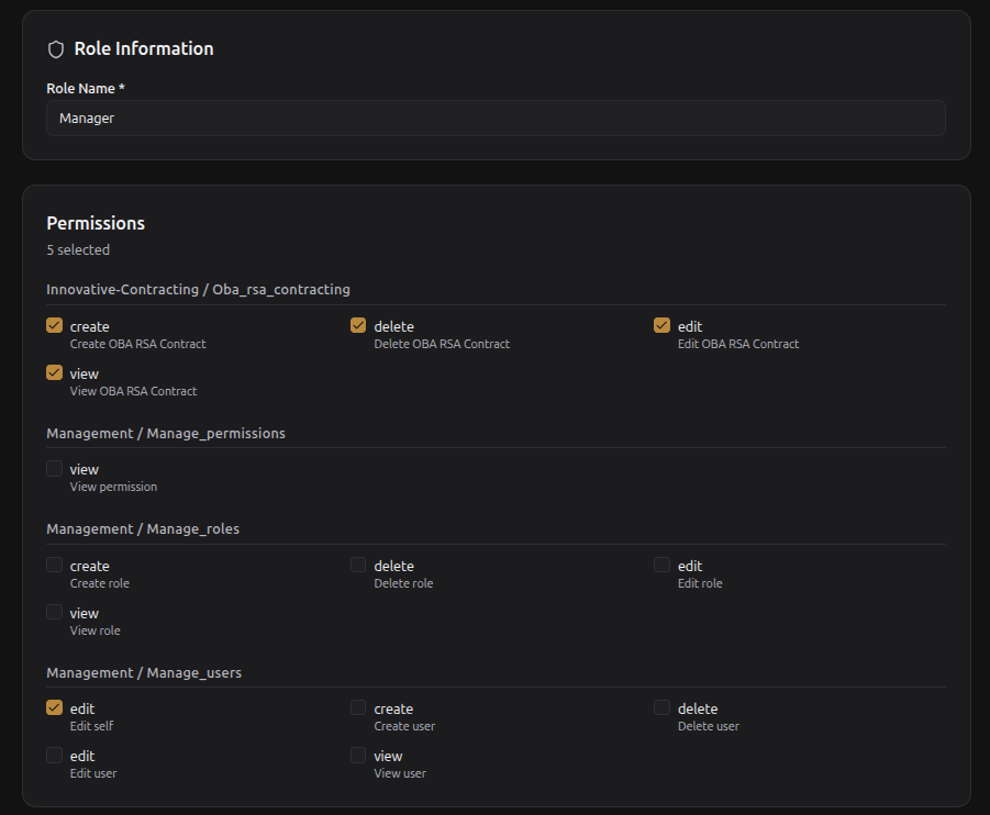 Valex role editor with permissions grouped by feature.